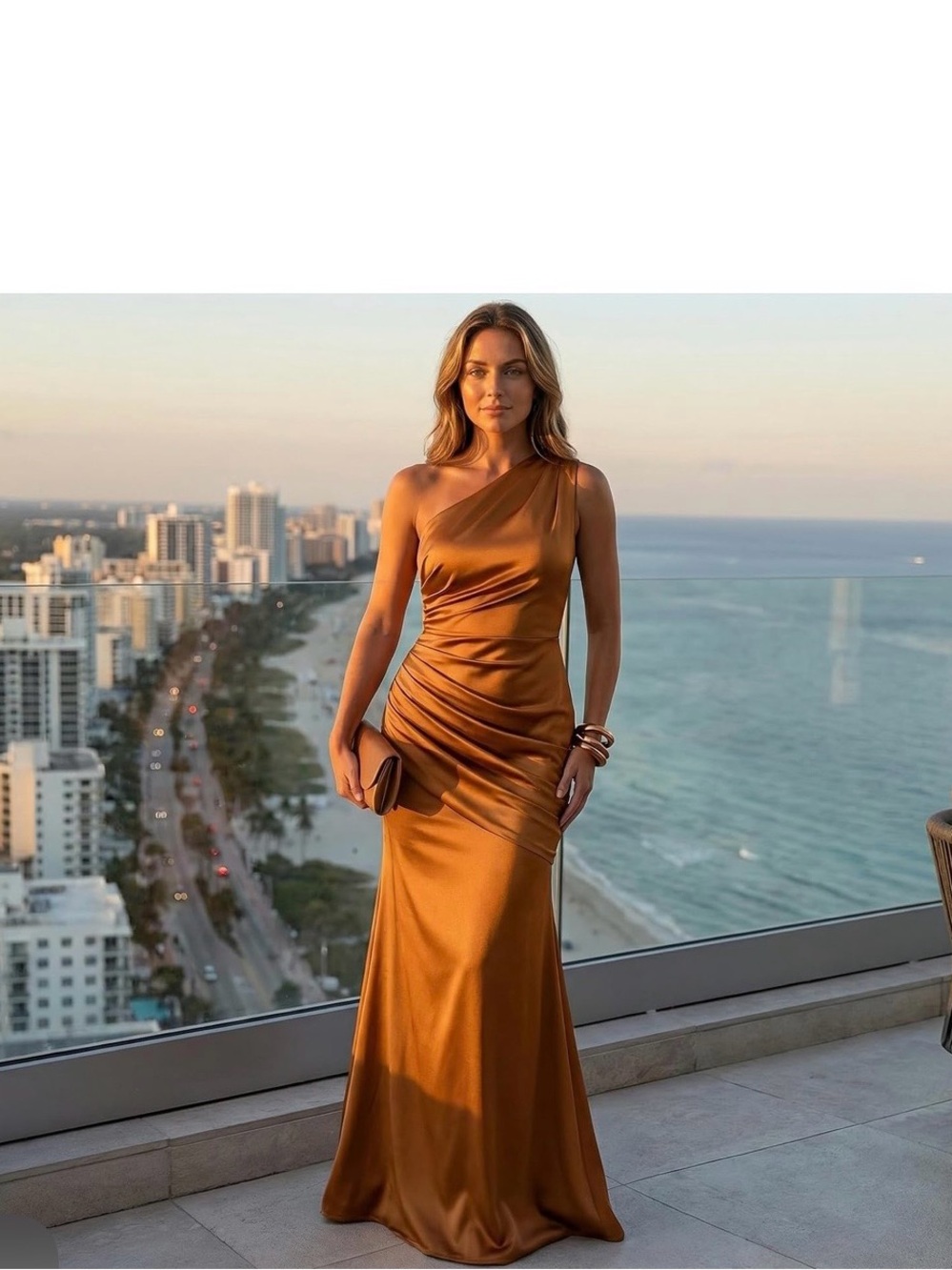 Women's One-Shoulder Satin Gown in Copper